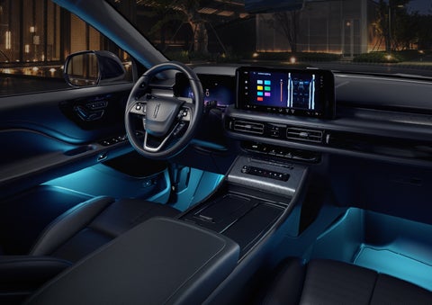 Deep blue Ambient Lighting glows from various places within a 2026 Lincoln Aviator® SUV. | Magic City Lincoln in Roanoke VA